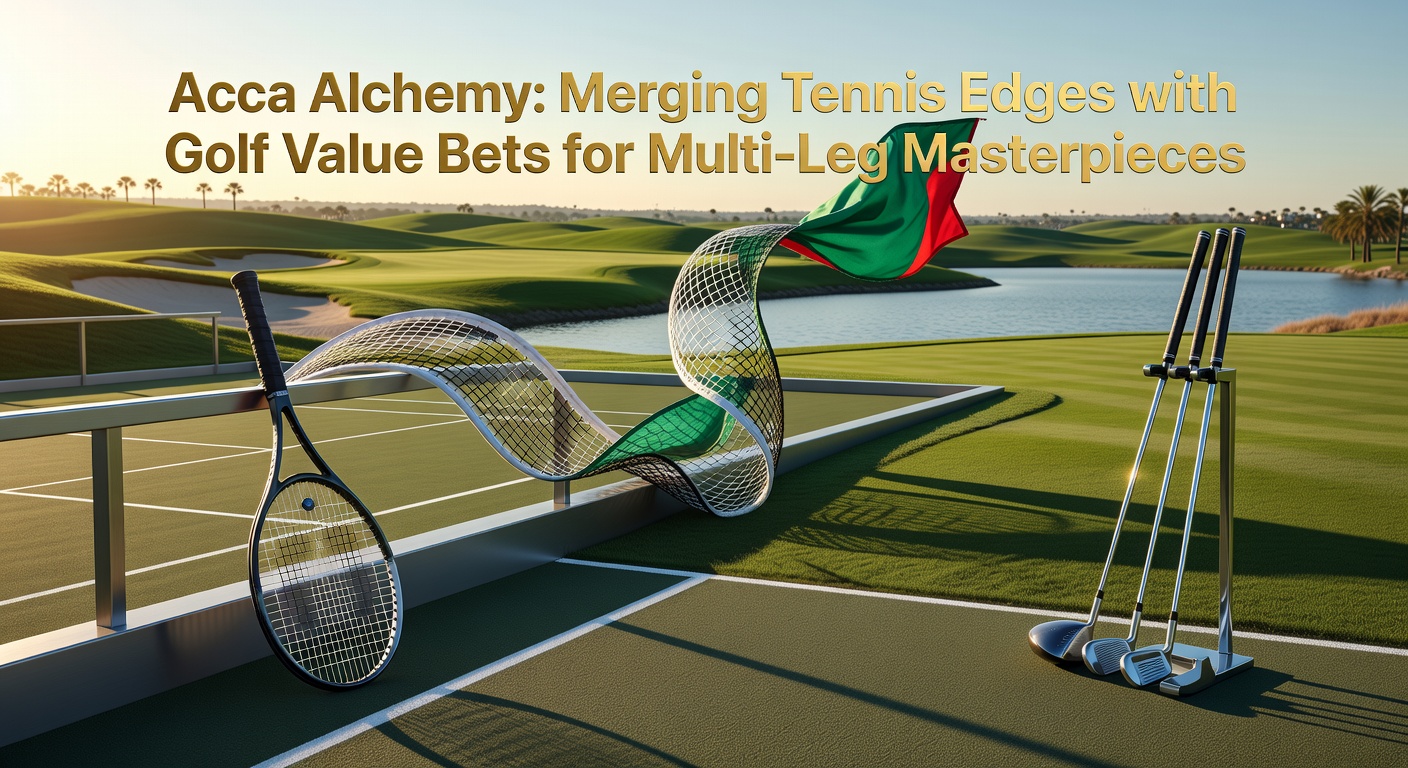 Dynamic graphic showing tennis court action merging with golf course landscapes in a multi-leg accumulator bet visualization
