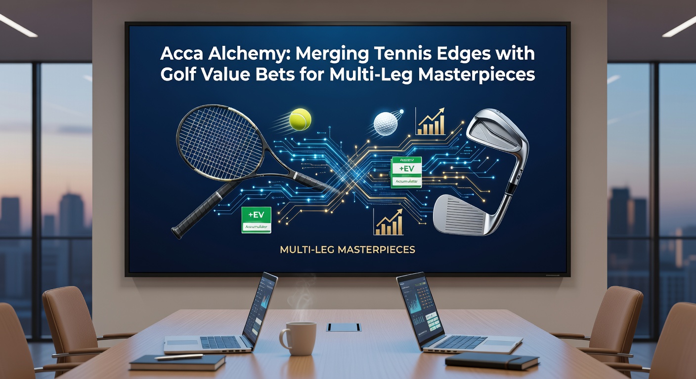 Golf leaderboard overlay with tennis scoreboard elements highlighting value bet opportunities in a multi-leg acca strategy