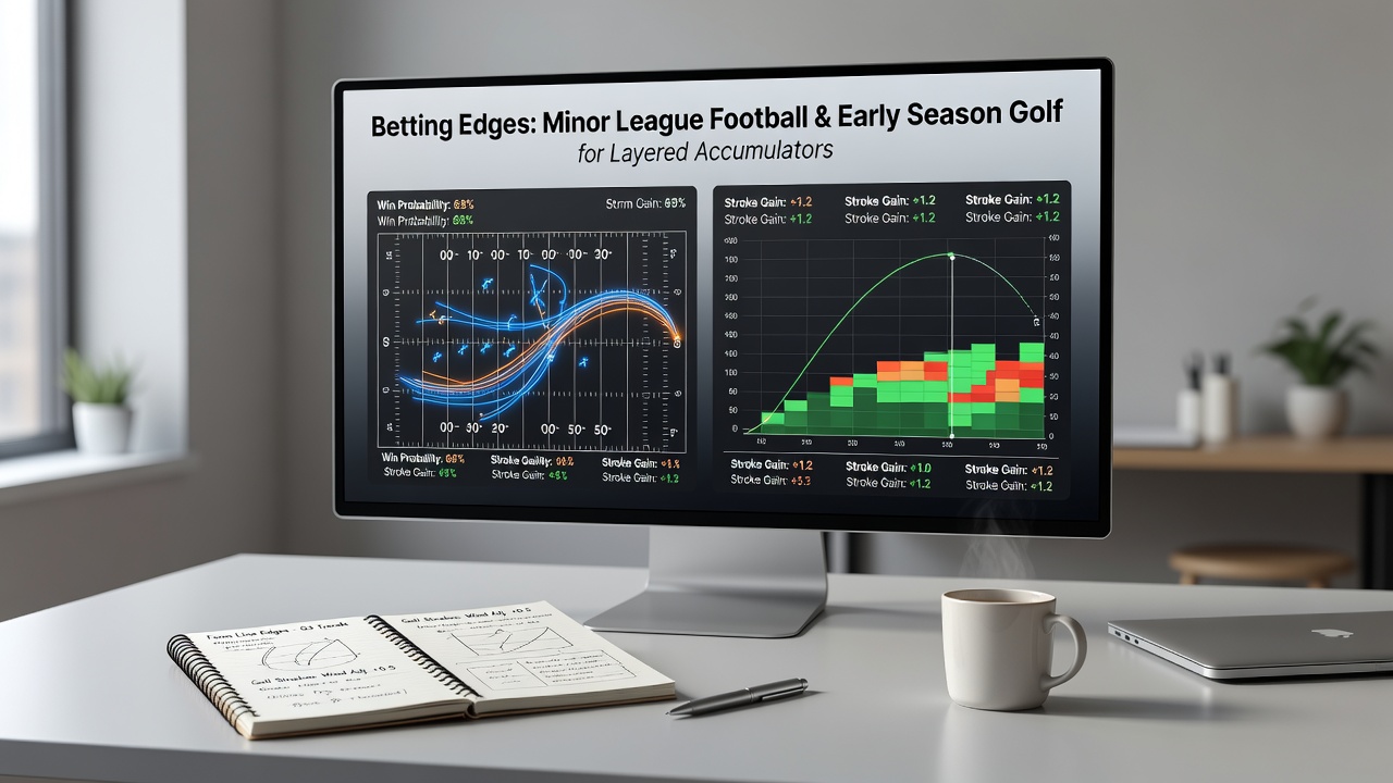 Early season golf leaderboard with strokes gained metrics alongside layered accumulator bet slip examples