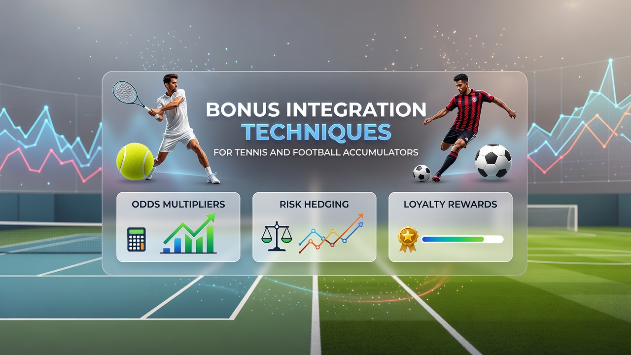 Football match action with accumulator bet slip graphics showing bonus integration points