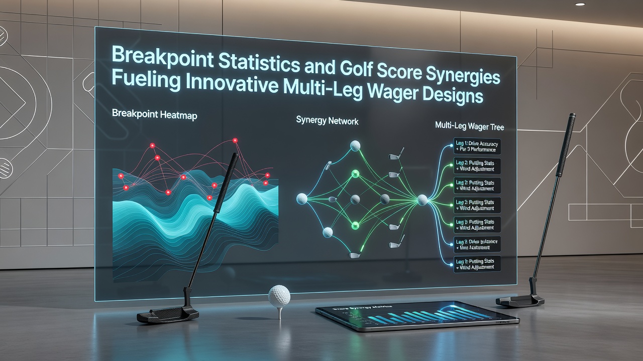 Tennis player executing a serve on a professional court while data overlays display breakpoint conversion rates alongside golf course fairway statistics