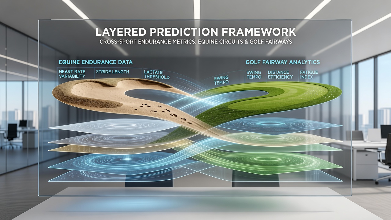 Layered prediction framework diagram showing integration of equine and golf endurance data