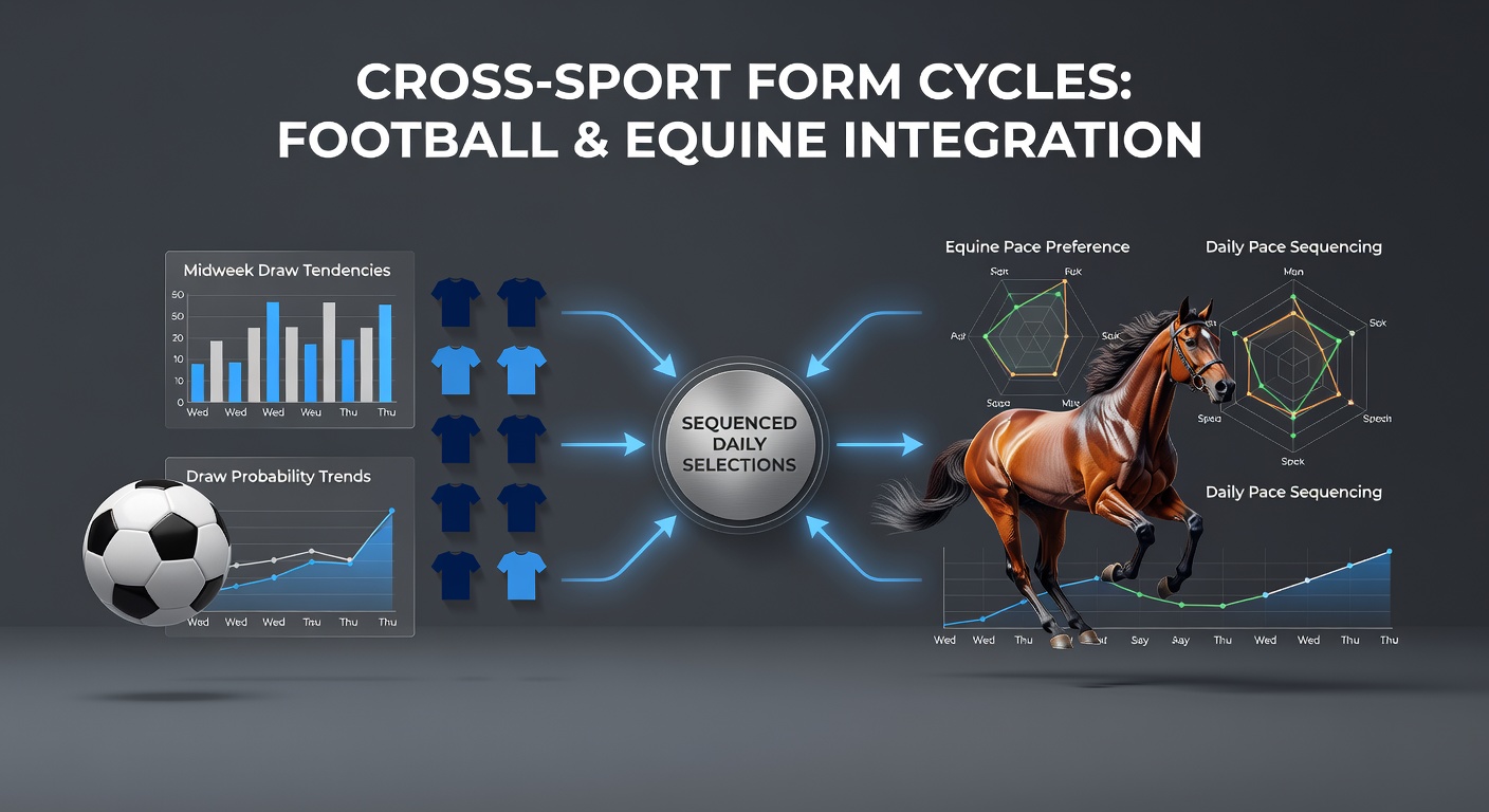 Diagram showing connections between midweek football draw statistics and horse racing pace metrics across weekly cycles