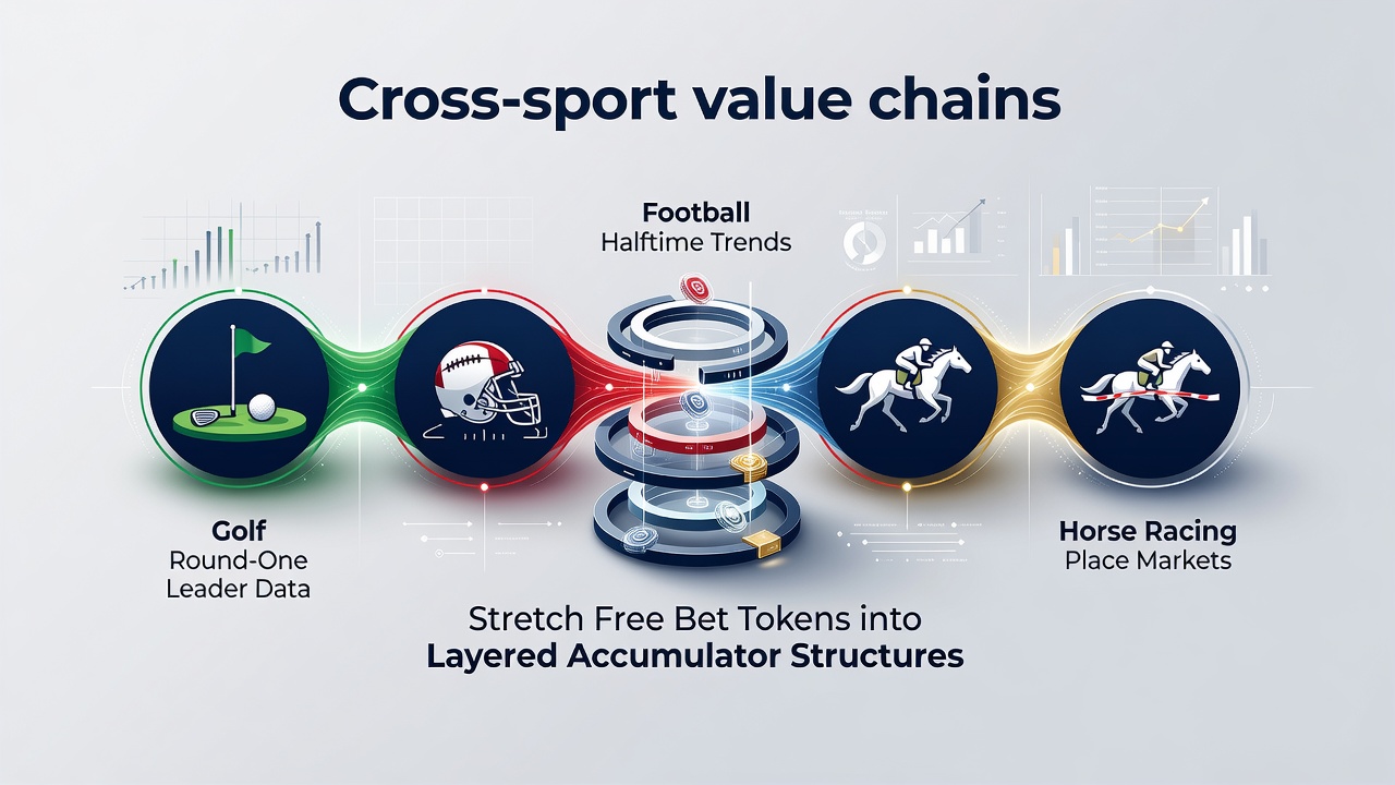 Infographic showing layered accumulator structures connecting golf round-one leaders, football halftime trends, and horse racing place markets