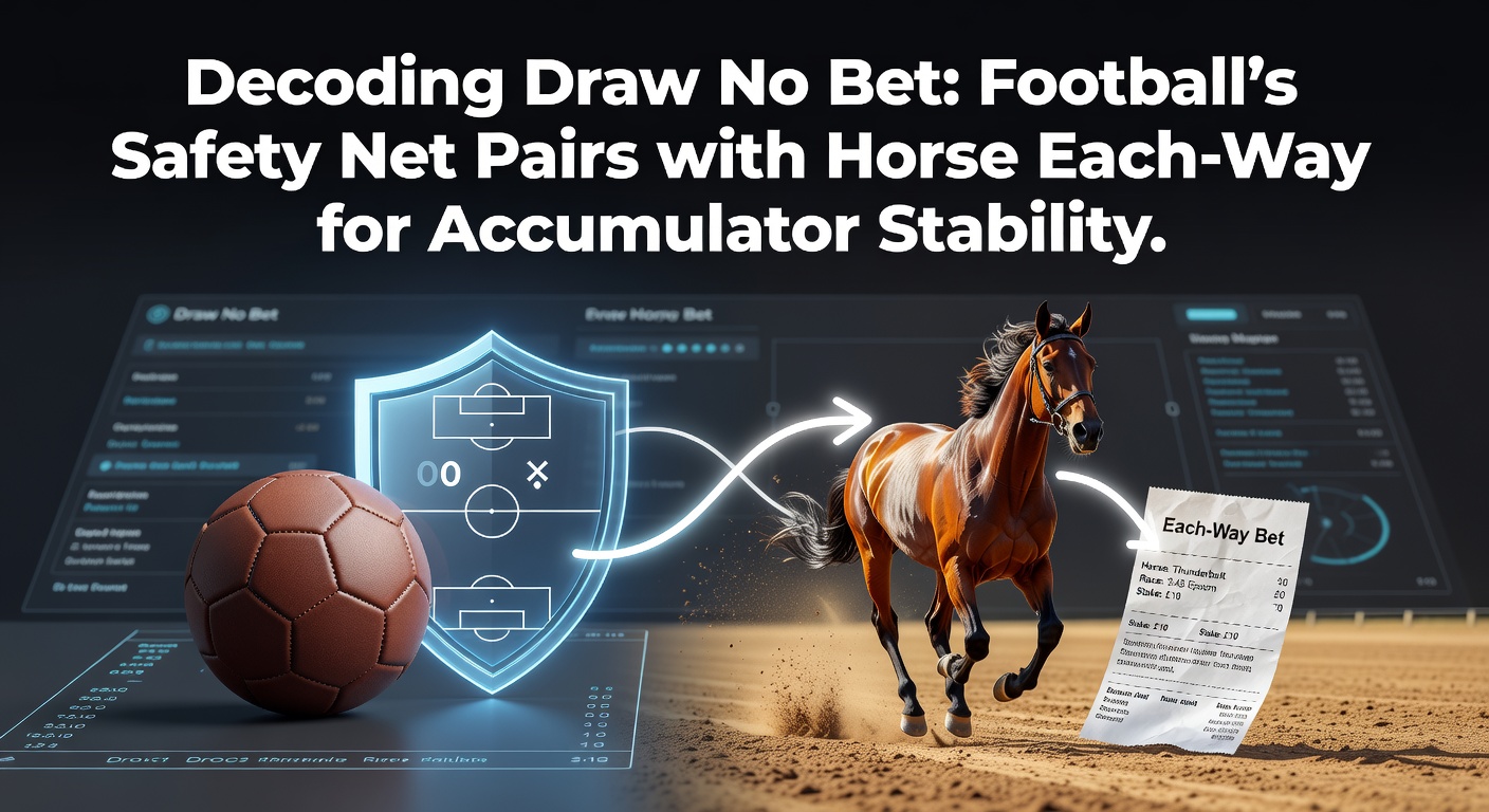 Football pitch action with overlaid betting odds showing Draw No Bet markets alongside a horse racing each-way payout diagram, illustrating accumulator stability concepts