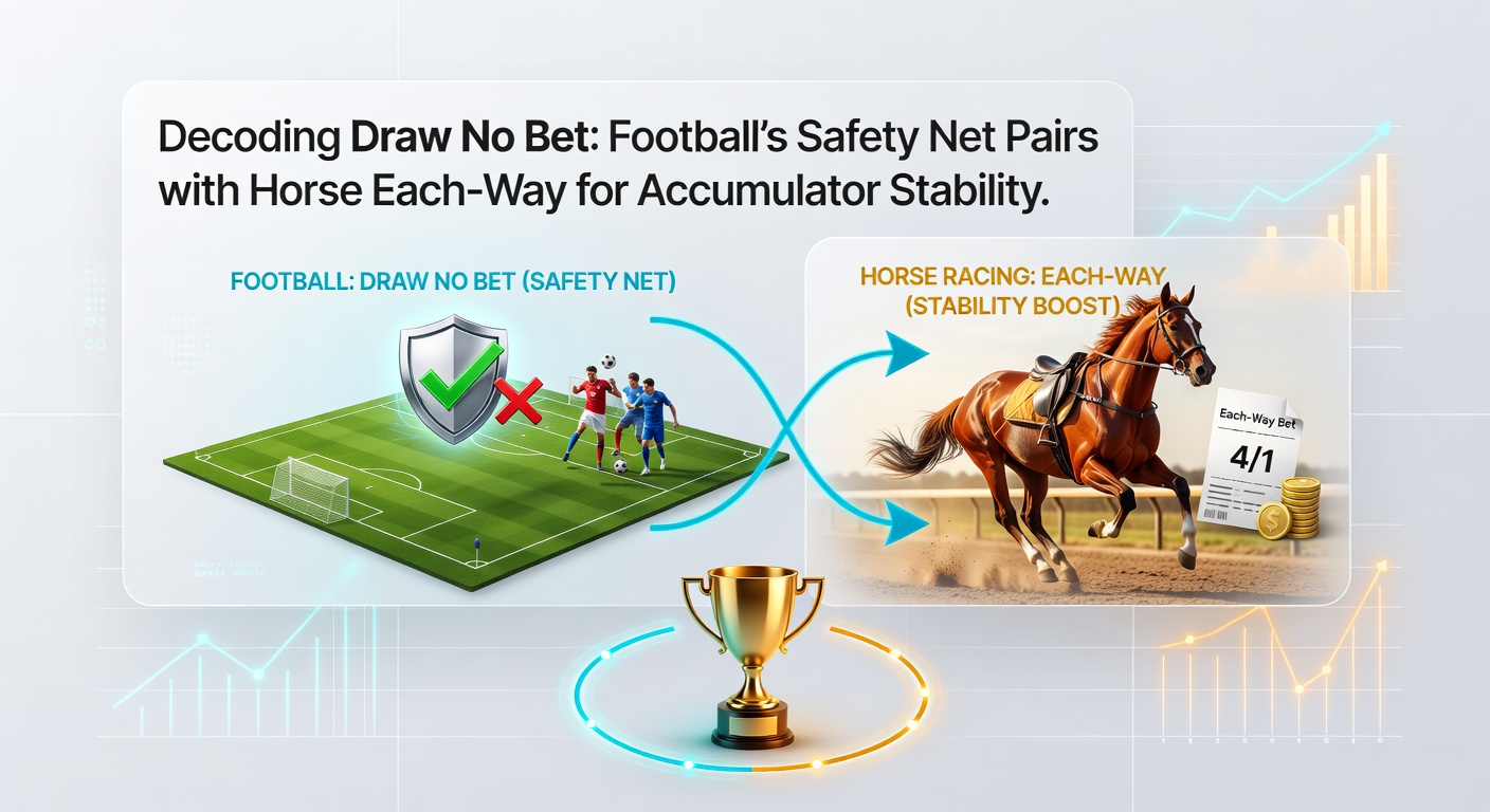 Split-image graphic of a horse crossing the finish line in third place for an each-way payout next to a football scoreboard showing a draw with DNB refund highlighted, emphasizing accumulator pairing strategies