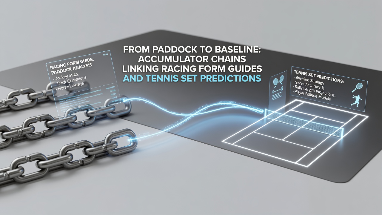 Tennis baseline rally with data overlays showing set prediction metrics linked to racing accumulator chains