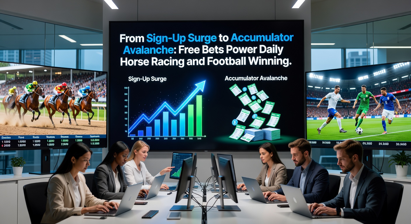Dynamic split image of a winning horse crossing the finish line alongside a packed football stadium with goal celebrations, symbolizing accumulator victories