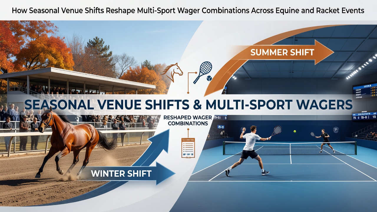 Seasonal transitions at major racetracks and tennis courts showing changes in surface conditions and event schedules