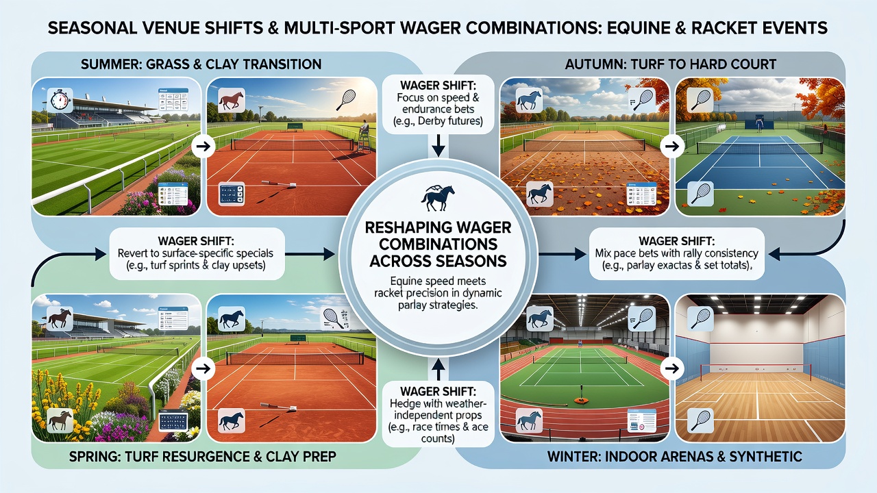 Tennis players competing on grass courts alongside thoroughbreds racing on turf, illustrating parallel venue conditions that affect betting markets