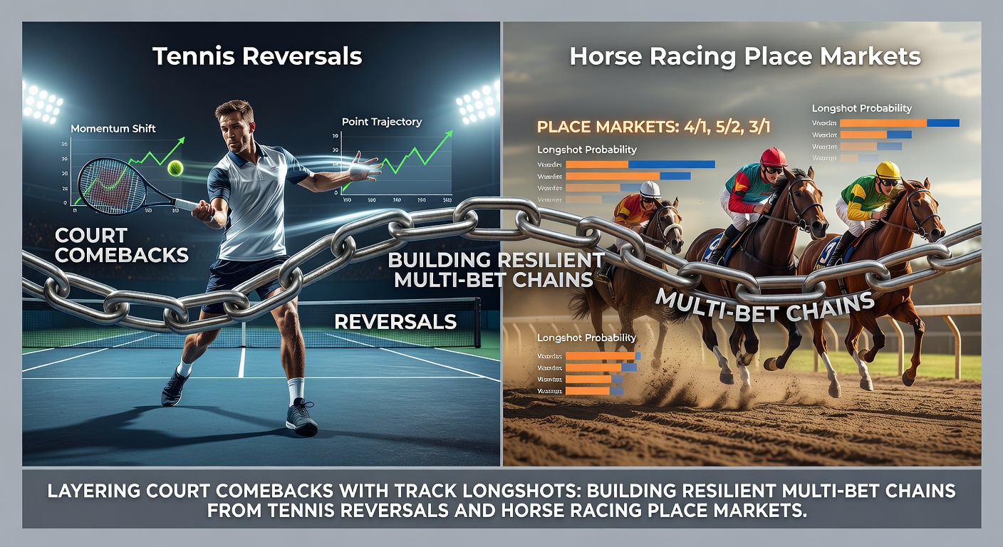 Tennis player staging a comeback on court while a horse races along the track in the background, illustrating layered betting concepts