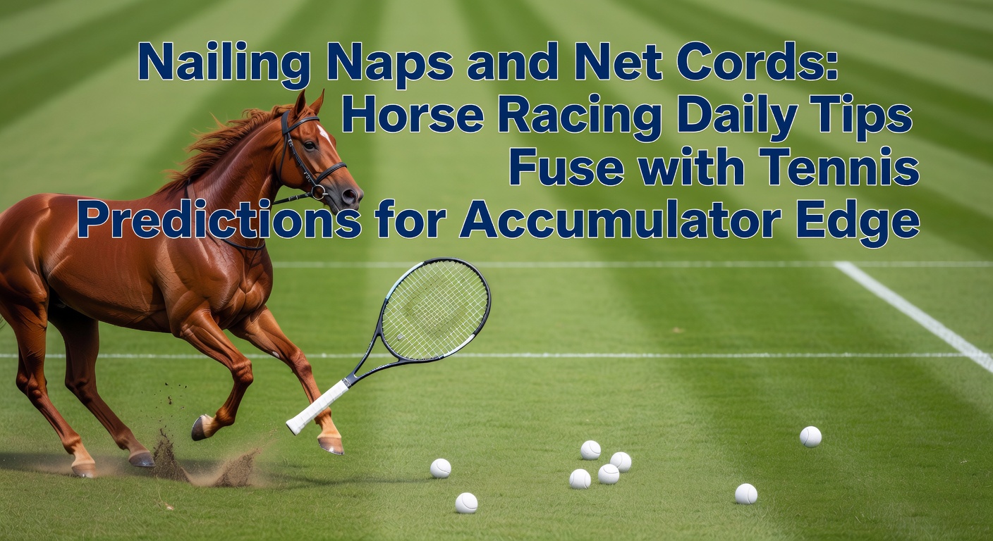 Vibrant scene of a horse racing past the post while a tennis player lunges for a net cord shot, symbolizing fused betting strategies