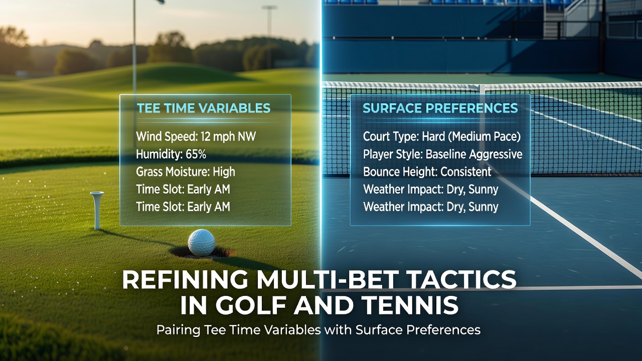 Golf tee times and tennis court surfaces illustrated together for multi-bet strategy analysis