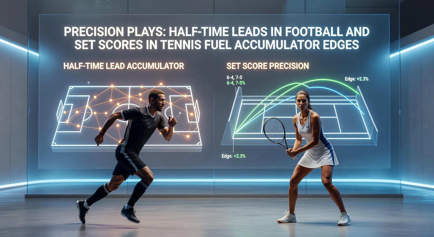Dynamic football half-time huddle transitions to intense tennis set rally, highlighting accumulator betting precision
