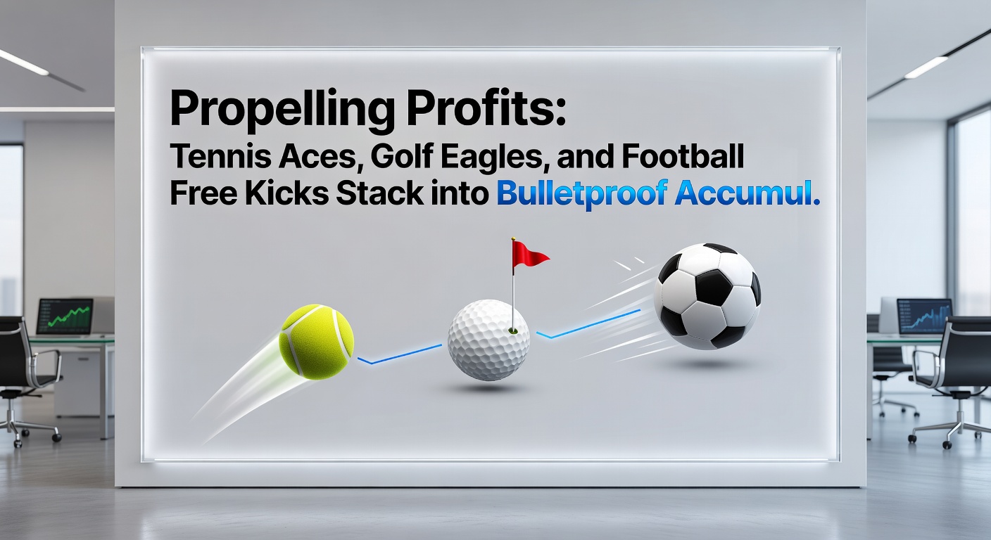 Dynamic collage of a tennis ace serve, a golfer celebrating an eagle putt, and a footballer striking a curling free kick into the net, symbolizing high-value accumulator bet components