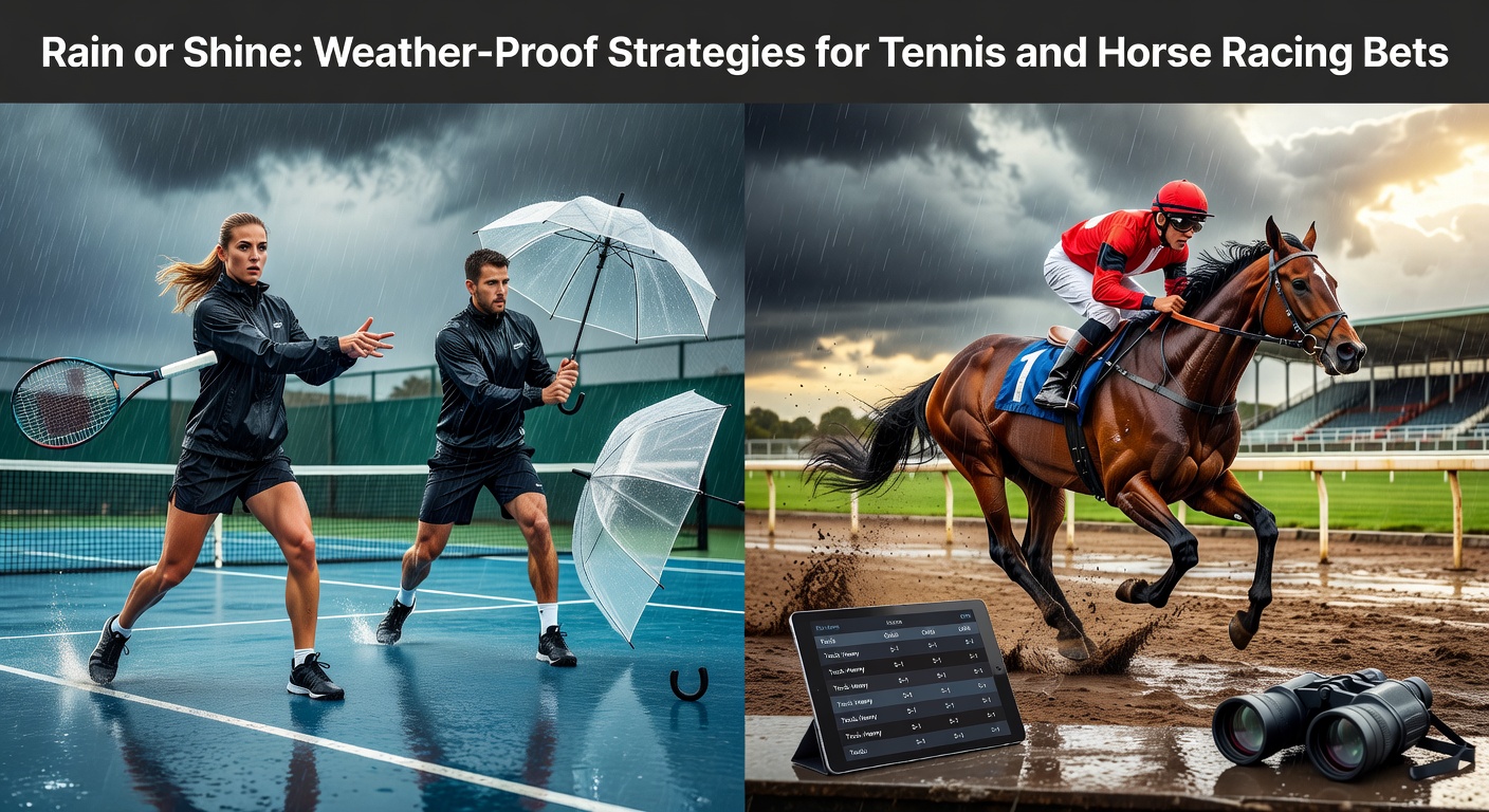 Tennis players battling rain on clay court while horse races through wet turf, highlighting weather's impact on betting outcomes
