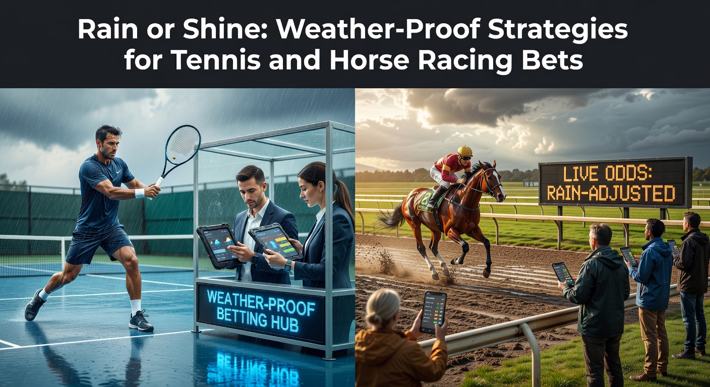 Horse splashing through heavy track conditions during a race, contrasted with sunny tennis baseline rally, underscoring adaptable betting strategies