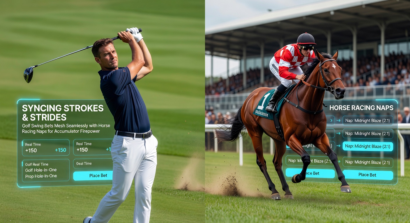 A golfer mid-swing on a sunlit fairway overlaps with a horse galloping on a turf track, symbolizing the blend of precision golf bets and dynamic racing tips in accumulator strategies