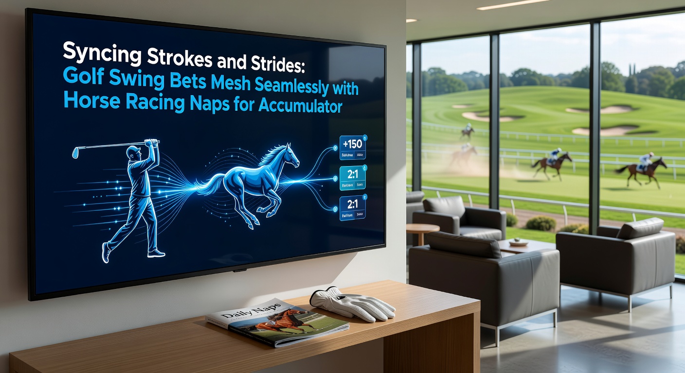 Dynamic split-image of a horse crossing the finish line alongside a golfer sinking a crucial putt, illustrating accumulator wins from synced golf and racing bets