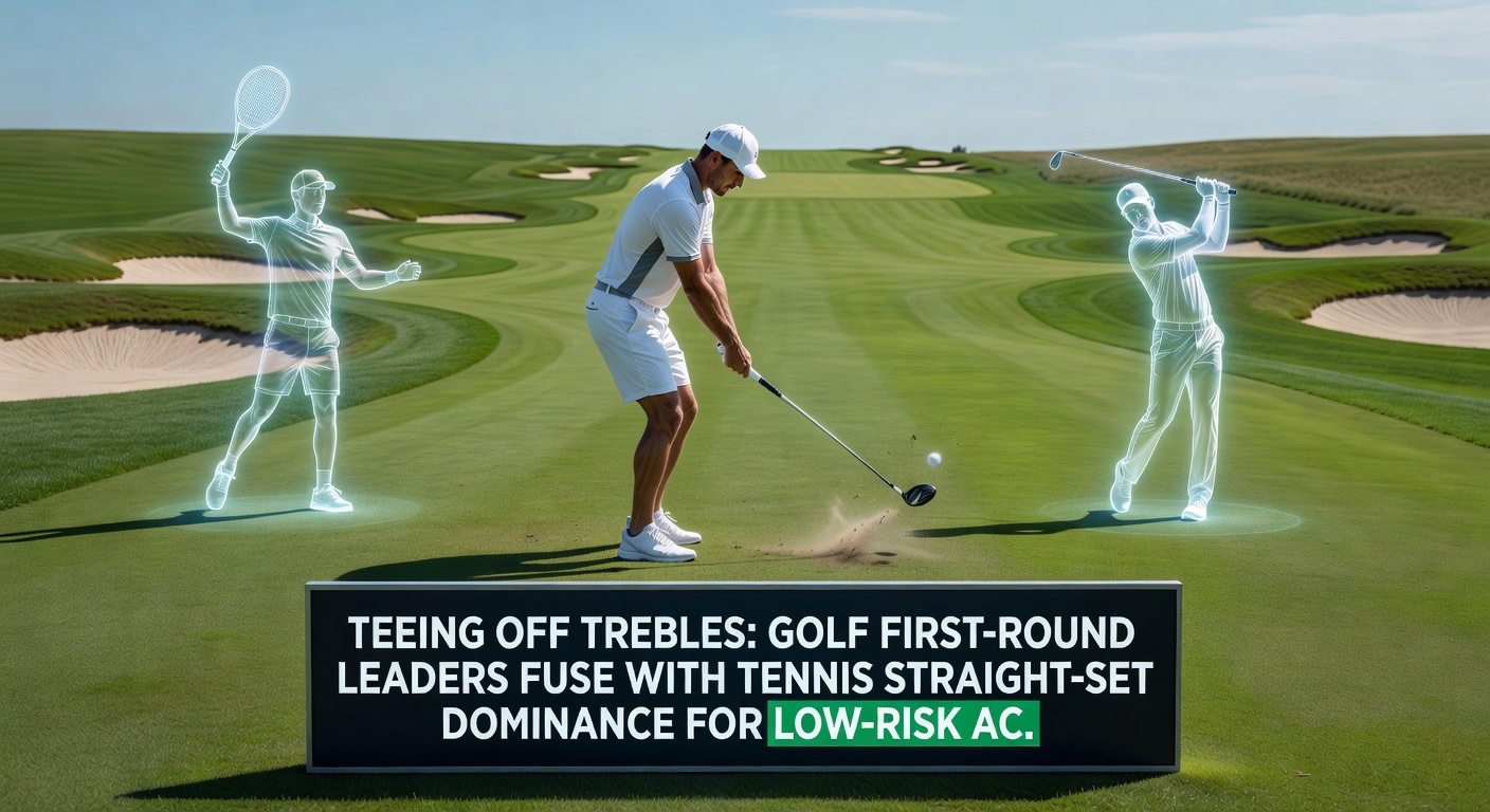 Dynamic split image of a tennis straight-set rally and a golf first-round leaderboard, illustrating low-risk accumulator fusion