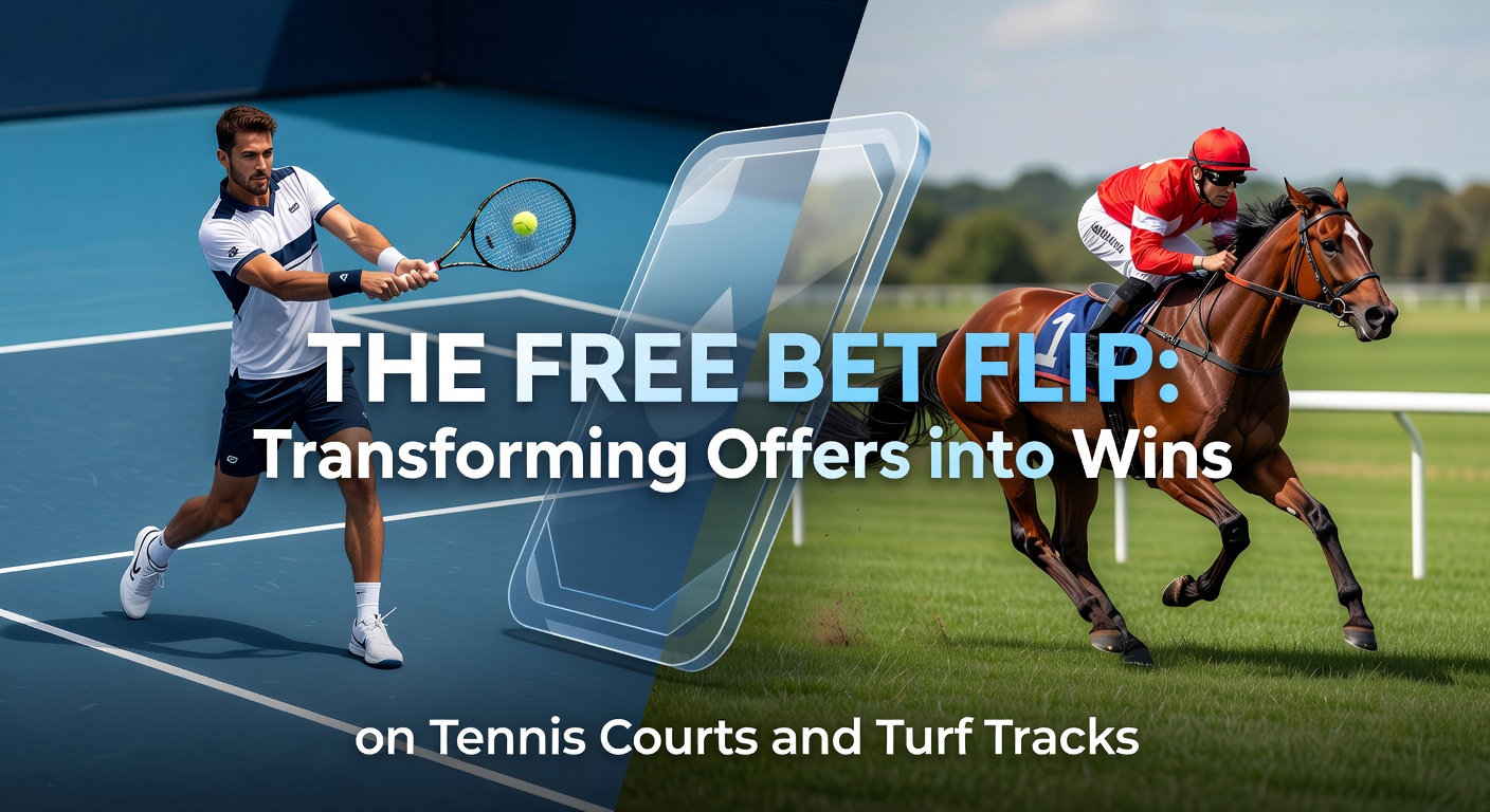 A dynamic scene of a tennis player serving on clay court with a horse racing track blurred in the background, symbolizing the blend of sports in betting strategies