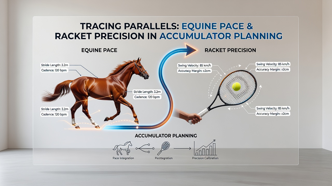 Horse racing track showing pace analysis alongside tennis court precision metrics for accumulator planning