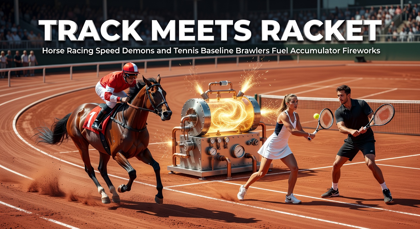 A dynamic split-image showing a horse thundering down the racetrack alongside a tennis player unleashing a powerful baseline forehand, capturing the high-speed intensity of both sports
