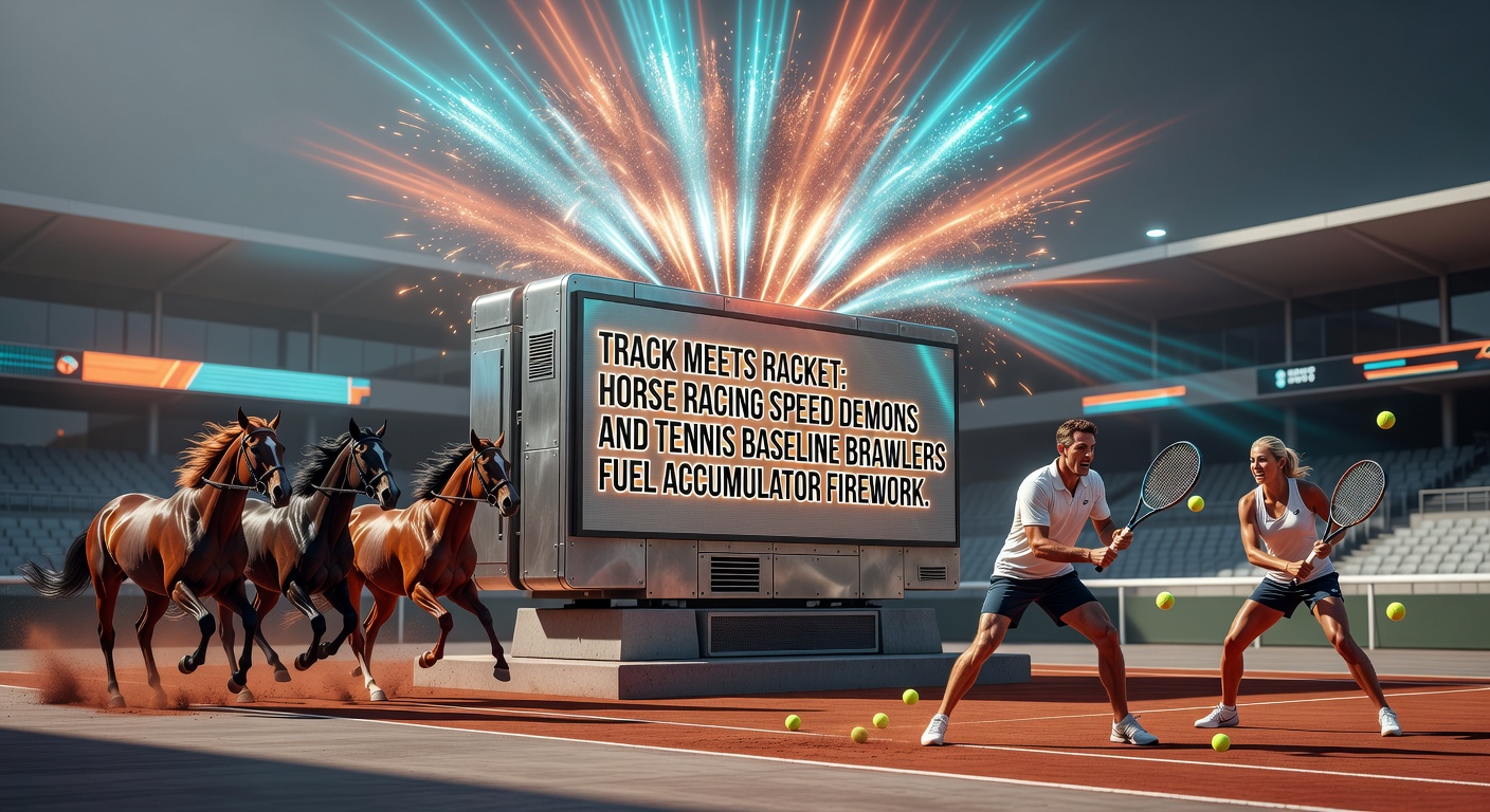 Close-up action shot of a horse crossing the finish line in a photo finish next to a tennis player sliding for a baseline return, symbolizing the thrilling convergence of track and court excitement