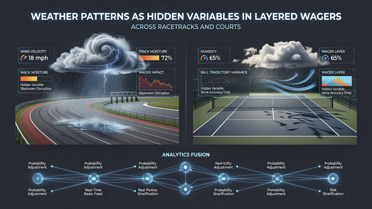 Detailed view of changing weather elements over racetrack and tennis facilities