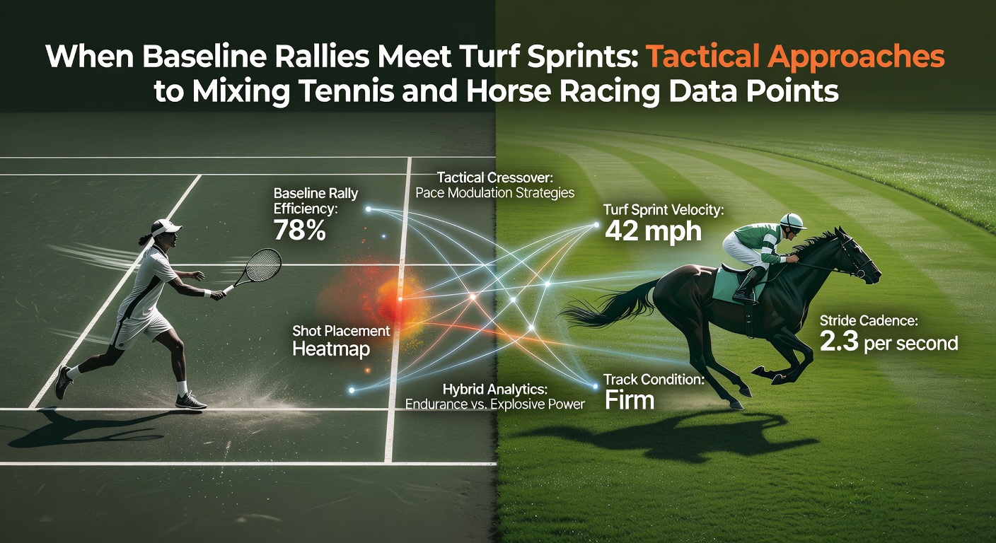 Tennis court baseline rally in progress alongside a turf racetrack sprint scene