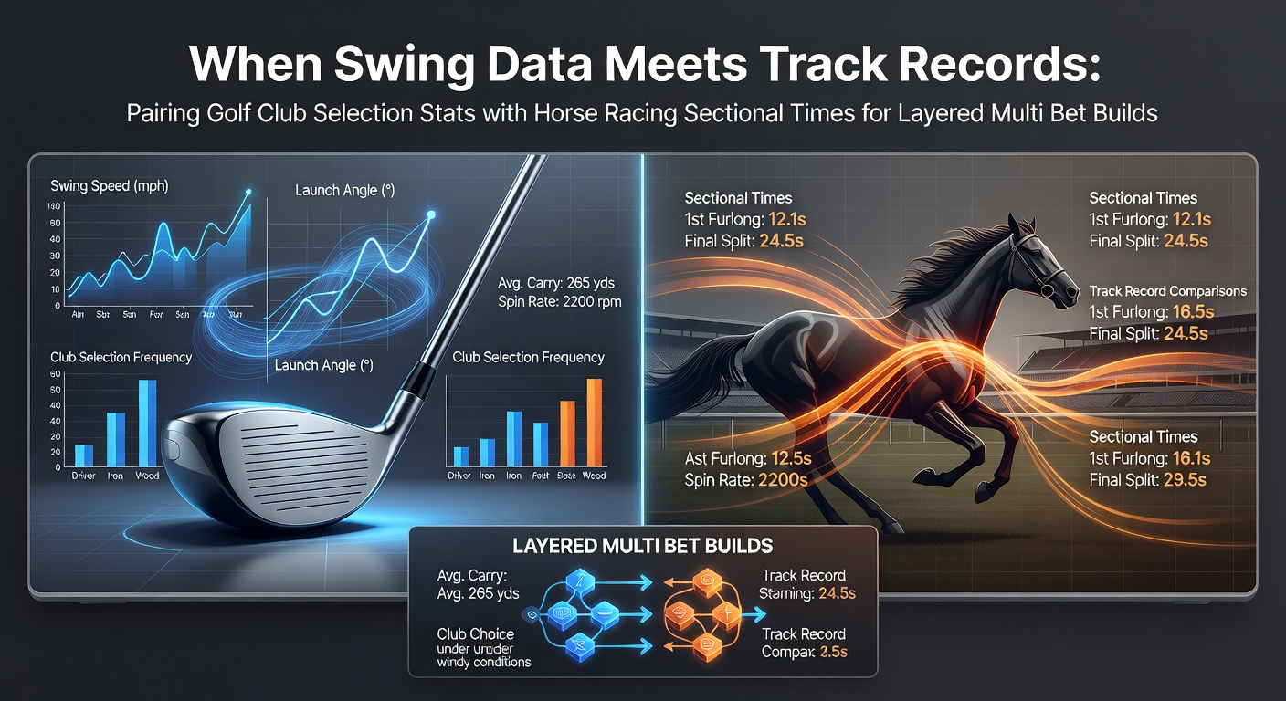 Visualization of golf club selection statistics overlaid with horse racing sectional timing charts for multi-bet analysis