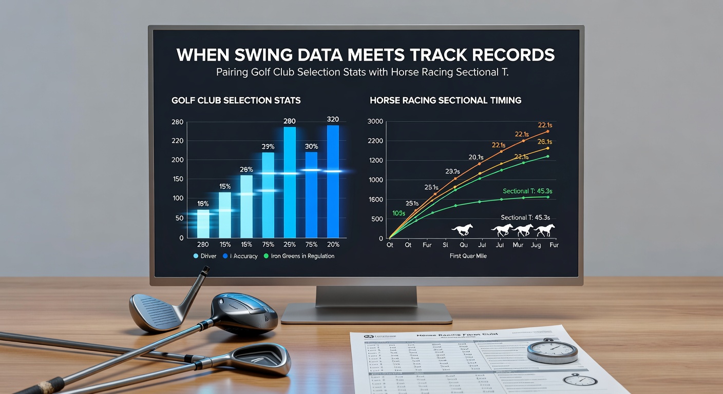 Split-screen comparison showing golf swing metrics alongside horse racing sectional timing graphs used in betting models